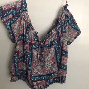 Blouse with ‘V’ cut neck tie and ruched waistband